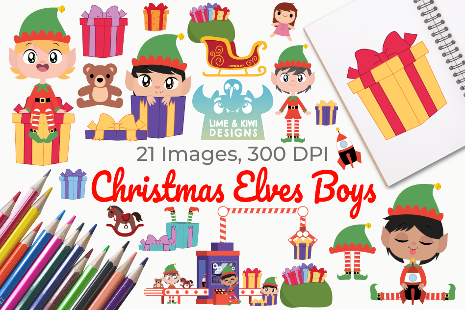 Christmas Elves Boys Clipart, Instant Download Vector Art example image 1