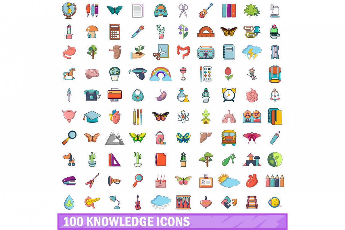100 knowledge icons set, cartoon style example image 1