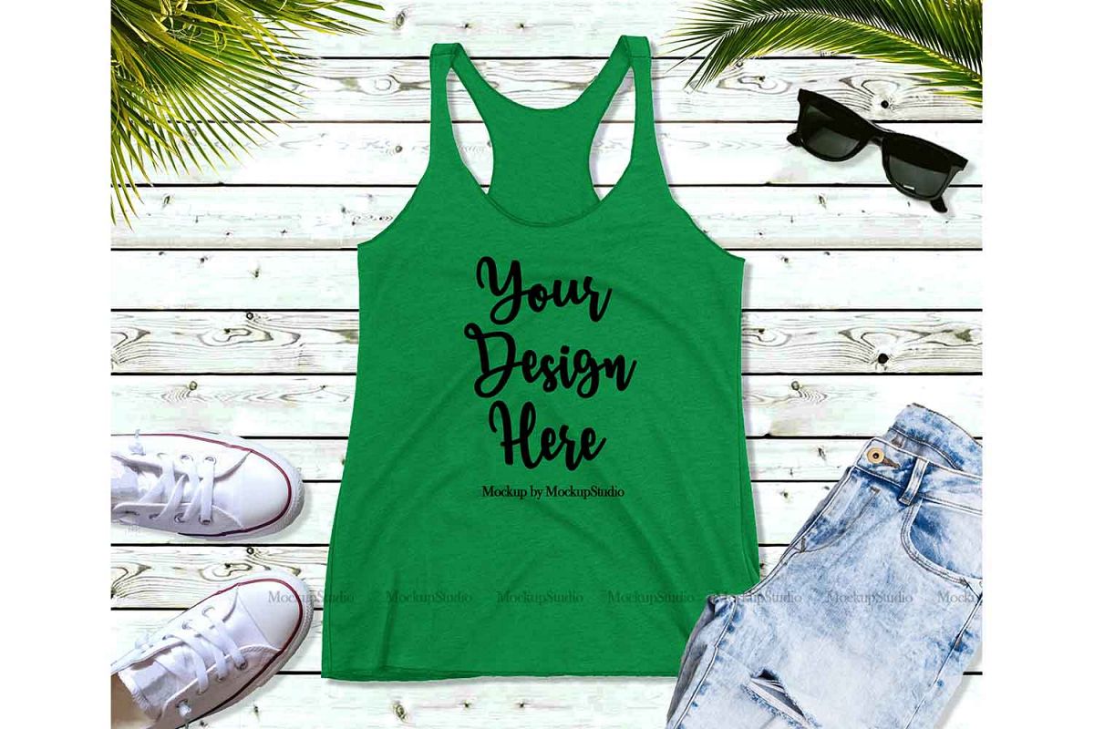 Green Tank Top Mockup, Tank Top Mock Up Flat Lay Display example image 1