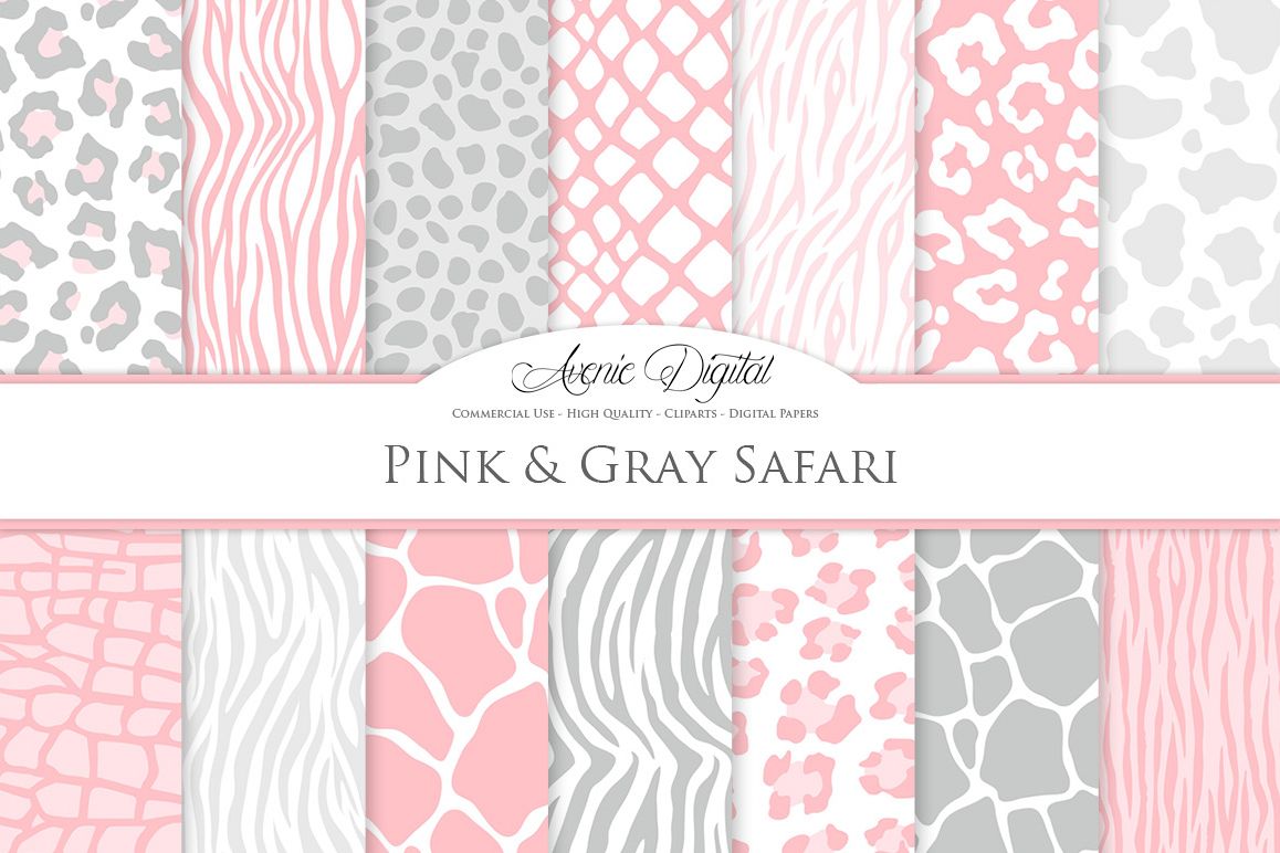 Pink and Gray Animal Print Vector Patterns - Pink Safari Seamless Digital Papers example image 1
