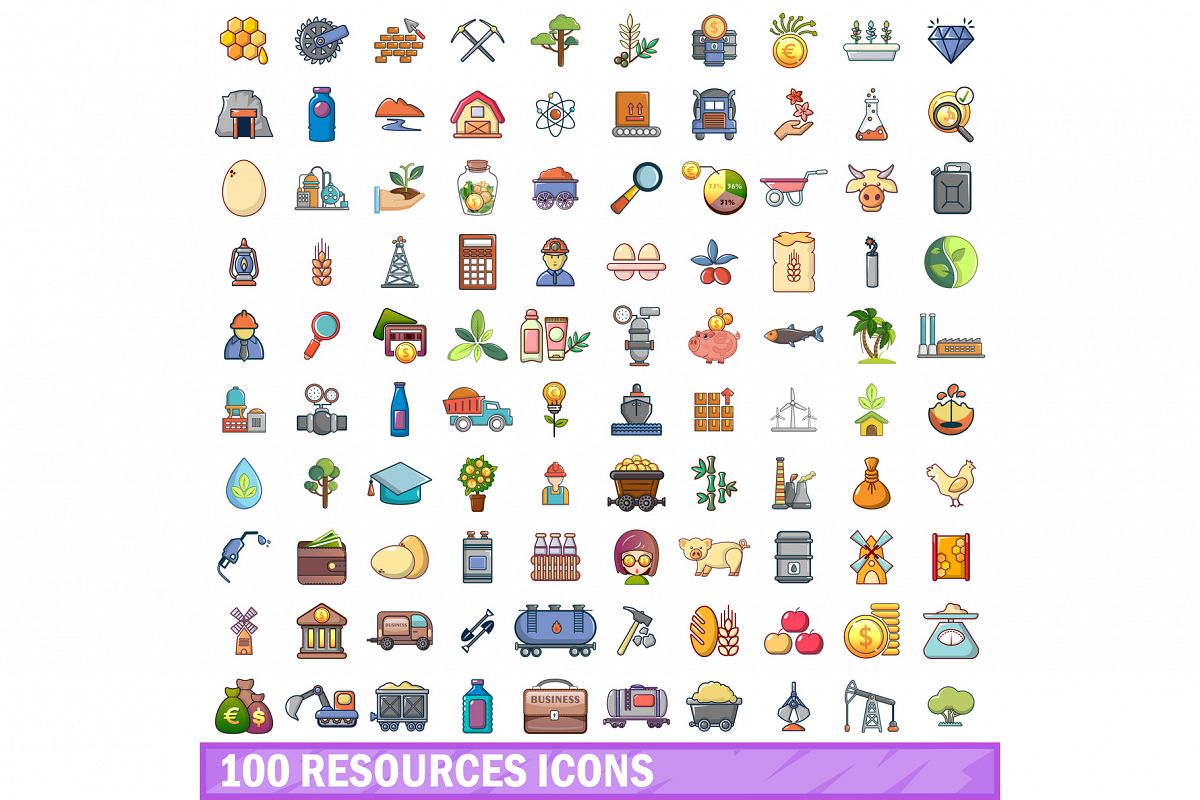 100 resources icons set, cartoon style example image 1