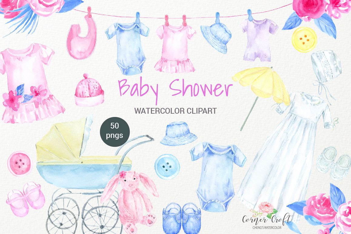 Download Watercolor Clipart Baby Shower, Baby Cloth, Pram, Crib ...