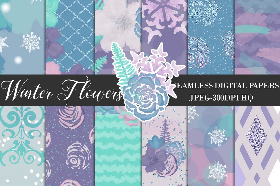 Winter Flowers Digital Papers, Winter Backgrounds example image 1