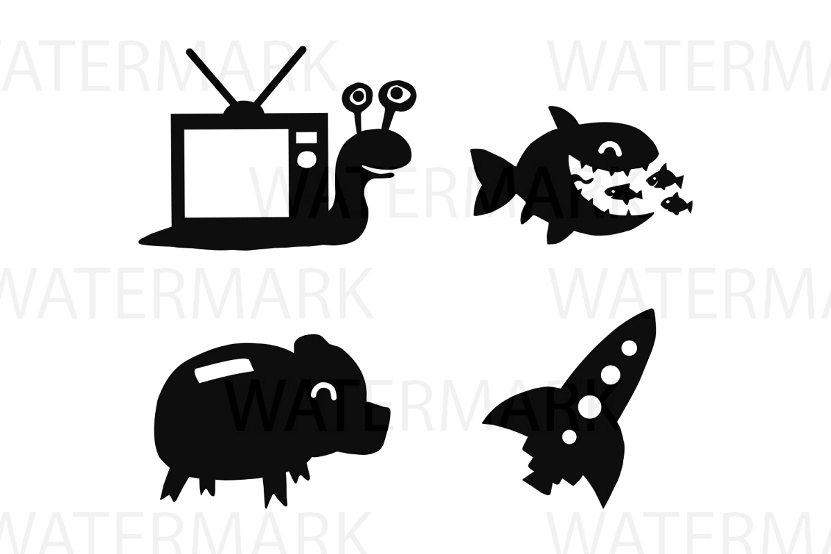 Elements of Snail TV, Big fish eating small fish, Pig money bank and Rocket Spaceship - SVG/JPG/PNG - Hand Drawing example image 1