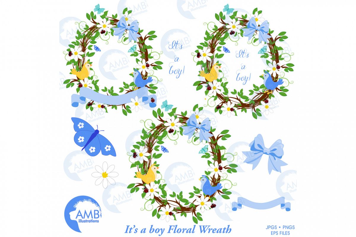 Boy shower clipart, Floral wreath clipart, Floral wreath, It's a boy clipart, commercial use, AMB-1400 example image 1