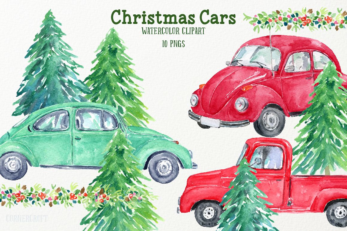Watercolor Christmas Cars example image 1
