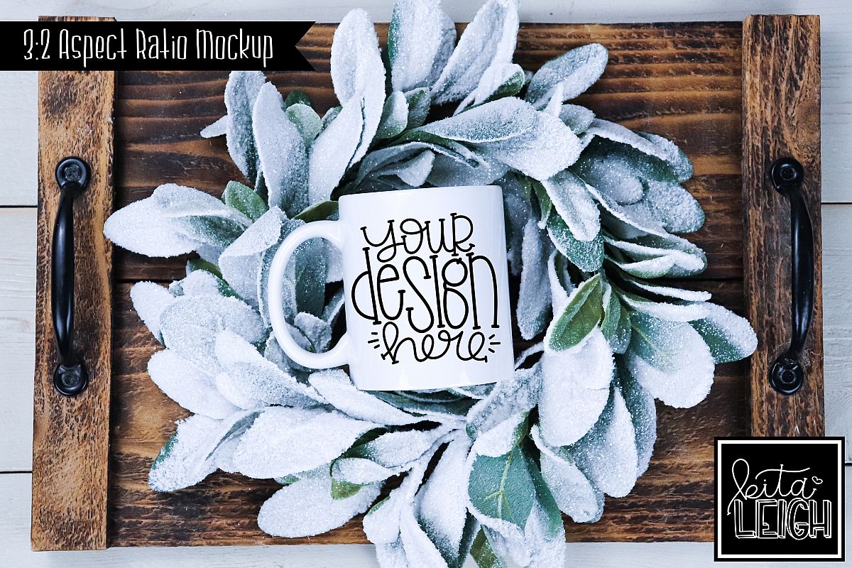11 oz Mug Mockup with Snowy Wreath on Tray example image 1