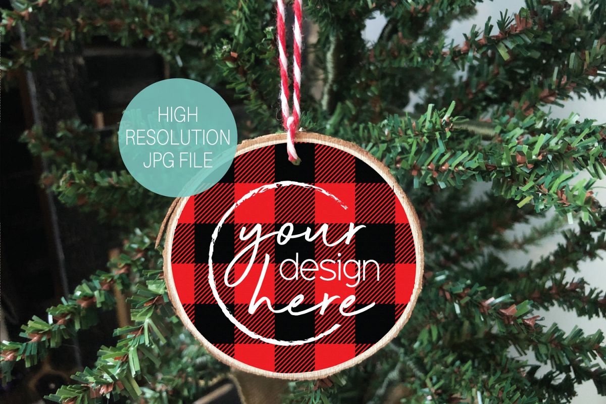 Red Lumberjack Plaid Round Wood Slice Ornament Mockup example image 1