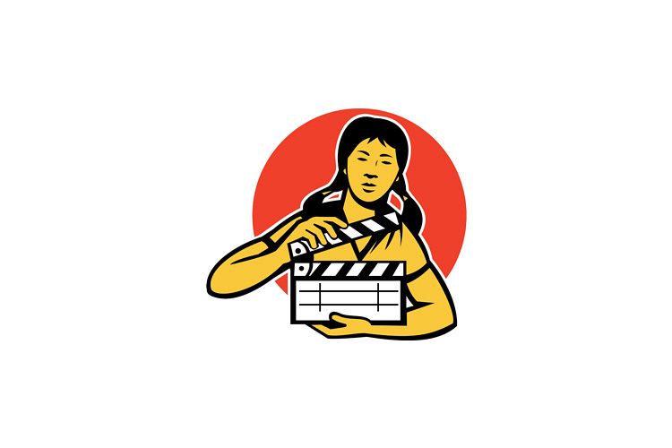 asiian woman girl with movie clapboard example image 1