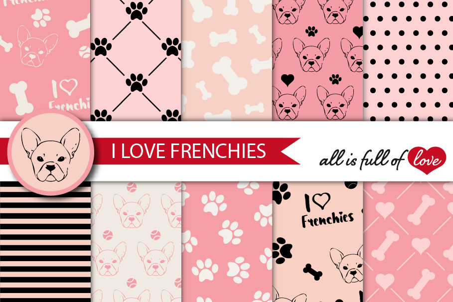 I Love Frenchies Digital Paper French Bulldog Background Patterns in Pink and Black example image 1