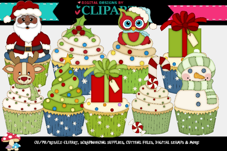 Christmas Cupcake Clipart & Lineart art example image 1