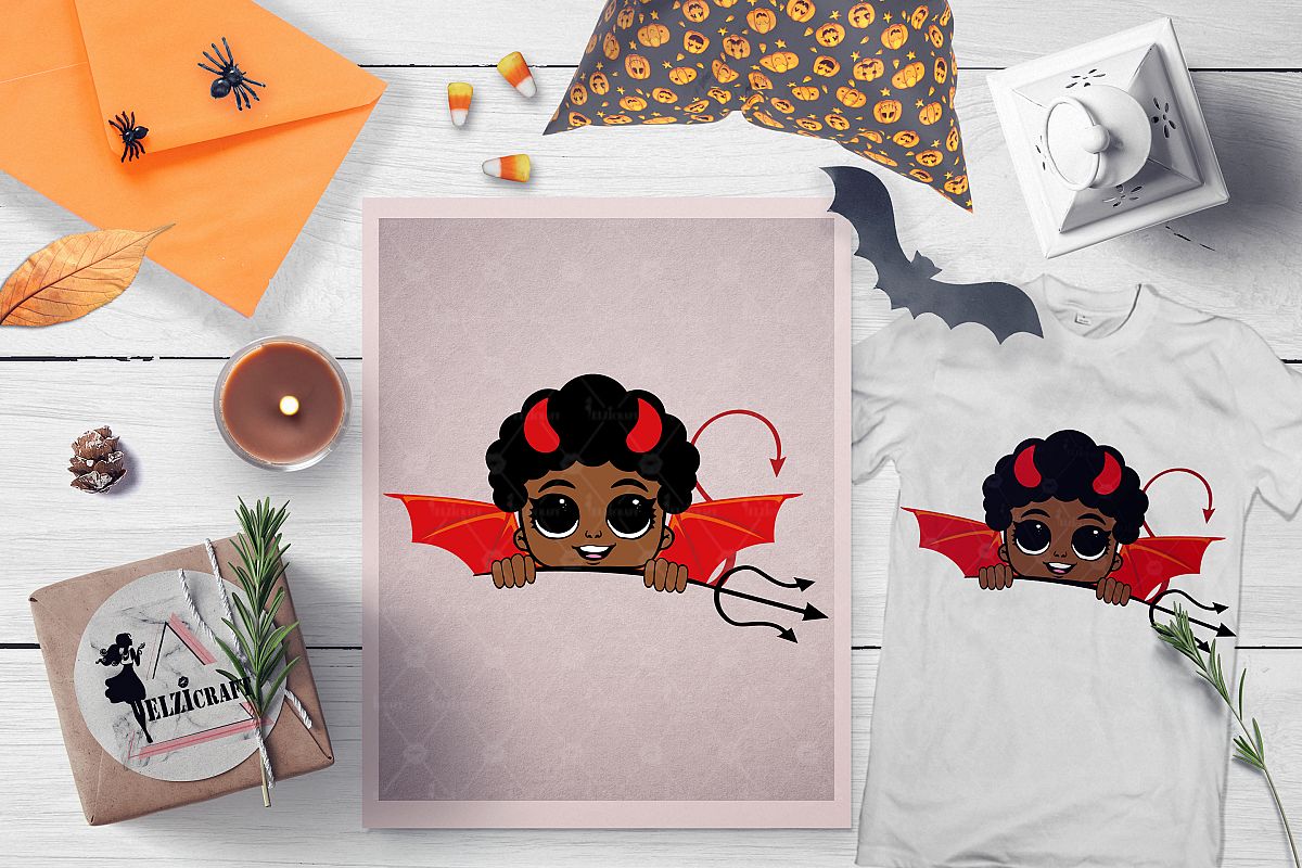 Halloween Afro Peeking Little Devil Boy Trident SVG Cut File example image 1