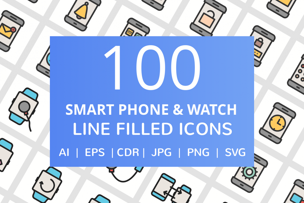 100 Smartphone & Smartwatch Filled Line Icons example image 1