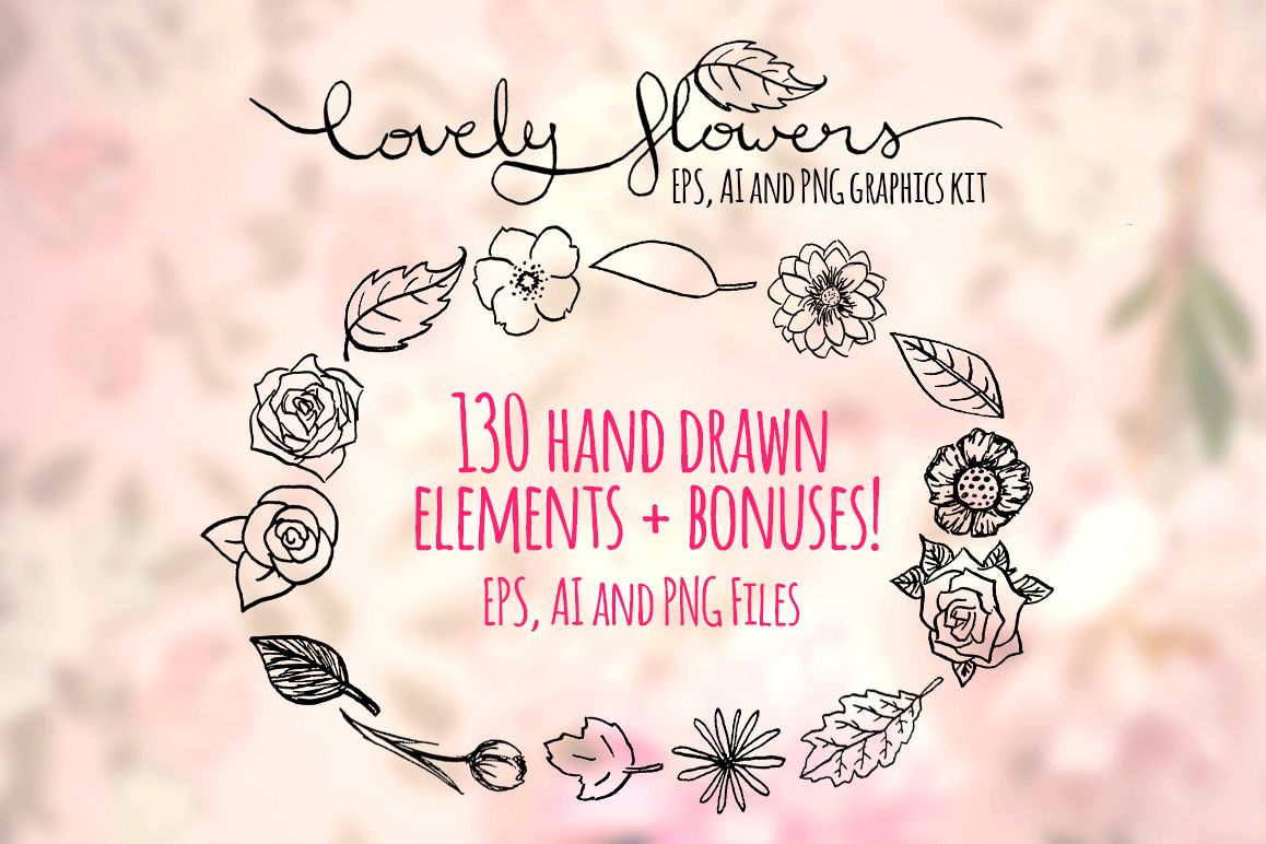 130 Lovely Spring Flowers Hand Drawn Graphics example image 1