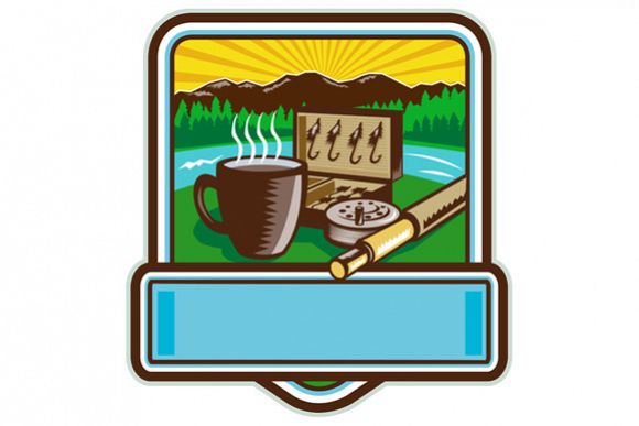 Mug Fly Tackle Bait Box Rod Reel Crest Woodcut example image 1