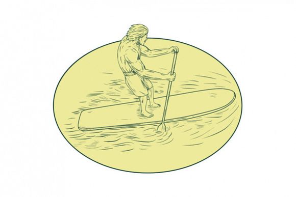 Surfer Dude Stand Up Paddle Oval Drawing example image 1
