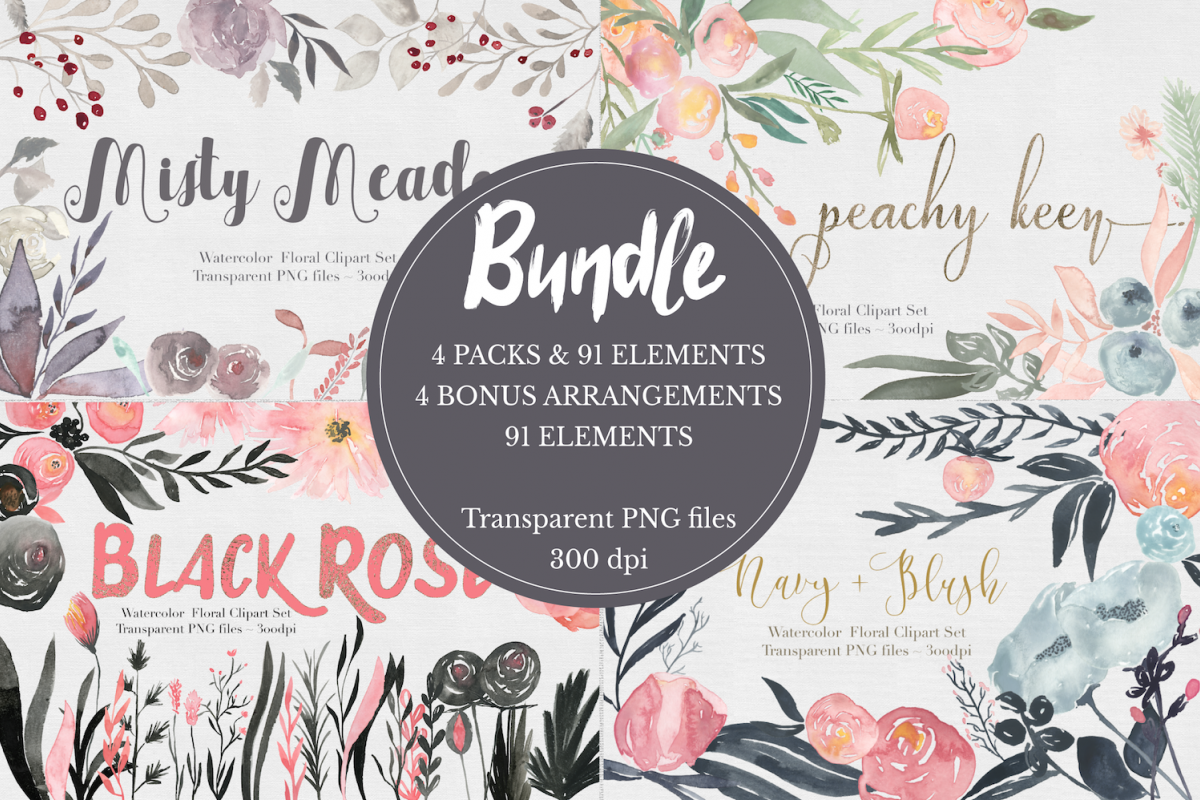 Bundle! Watercolor Flower Clipar Set example image 1