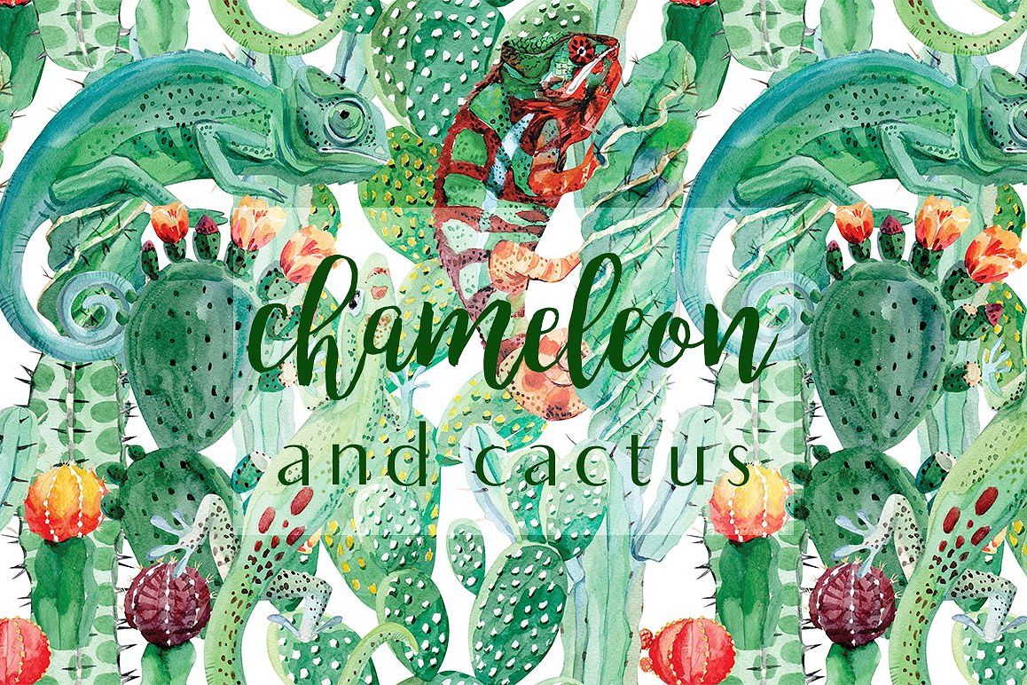 Chameleon and cactus. Watercolor set example image 1