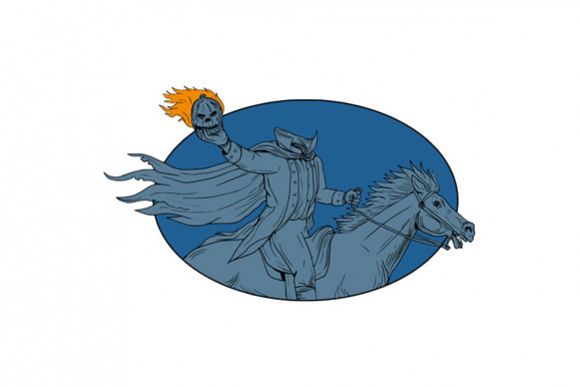 Headless Horseman Pumpkin Head Horse Oval Drawing example image 1