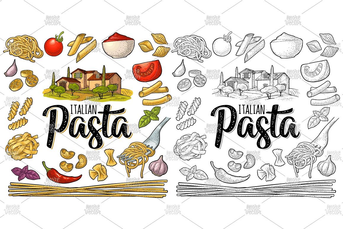 Different types macaroni and farm Vector vintage engraving example image 1