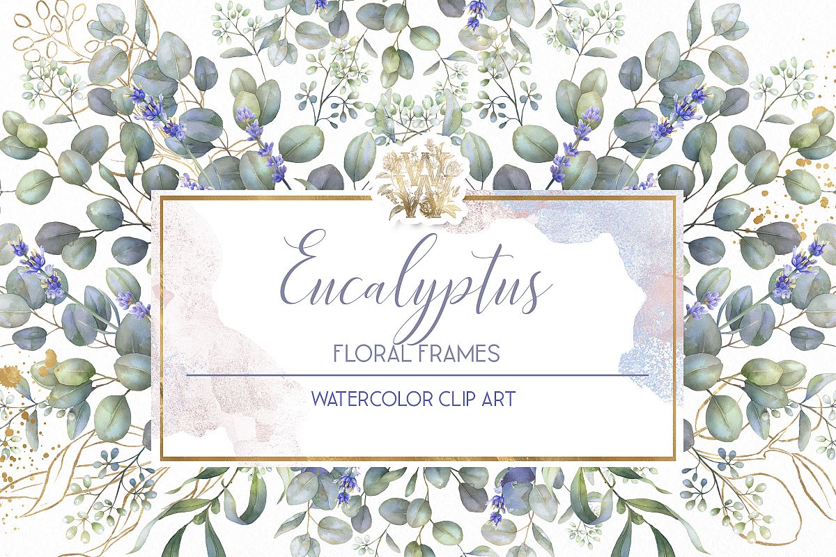 Eucalyptus & Lavender watercolor frame clip art, wedding example image 1