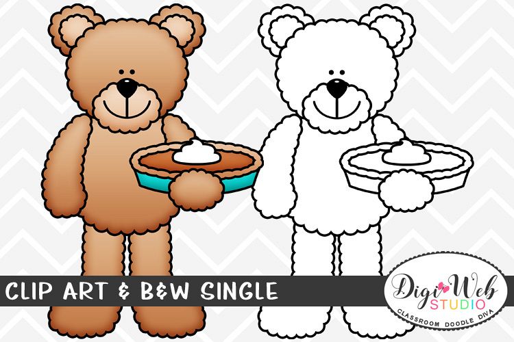 Clip Art & B&W Single - Thanksgiving Bear w/ Pumpkin Pie example image 1