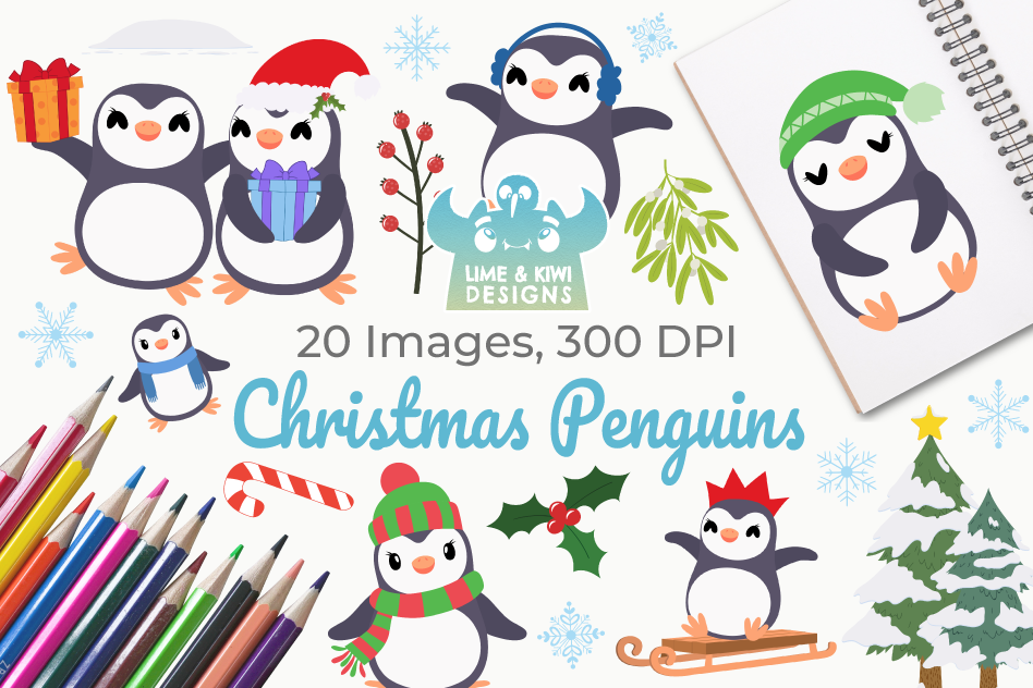 Christmas Penguins Clipart, Instant Download Vector Art example image 1