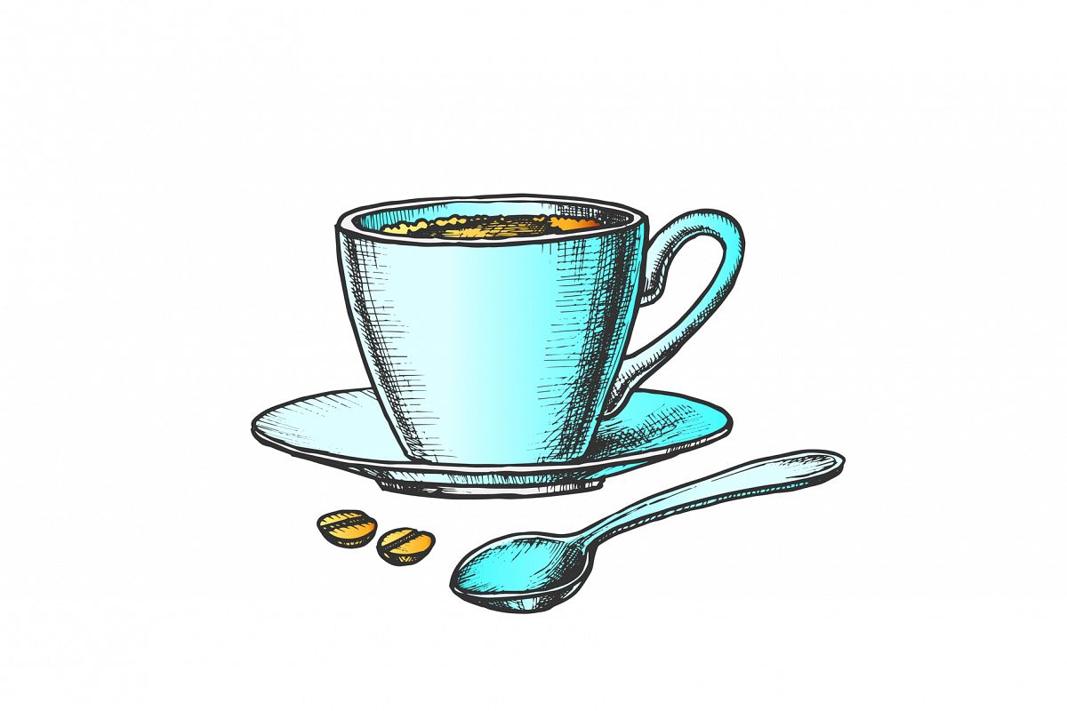 Download Coffee Cup On Saucer With Spoon Color Vector 668752 Illustrations Design Bundles