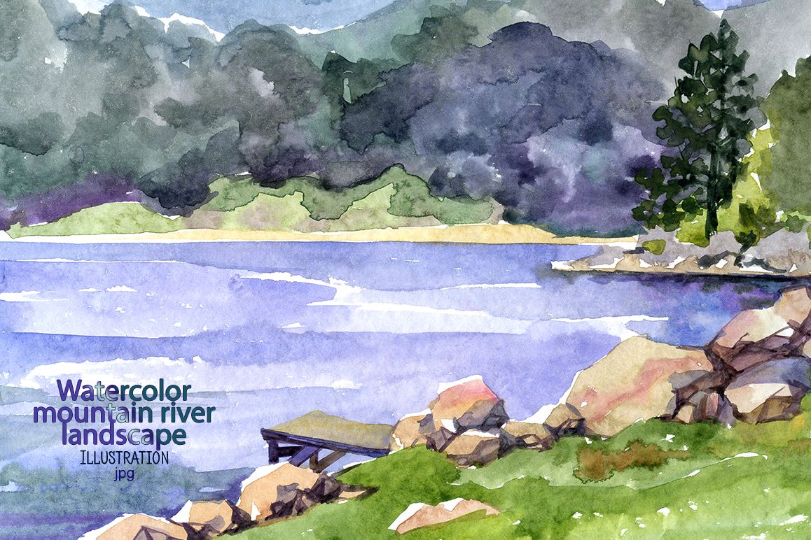Watercolor mountain river. example image 1