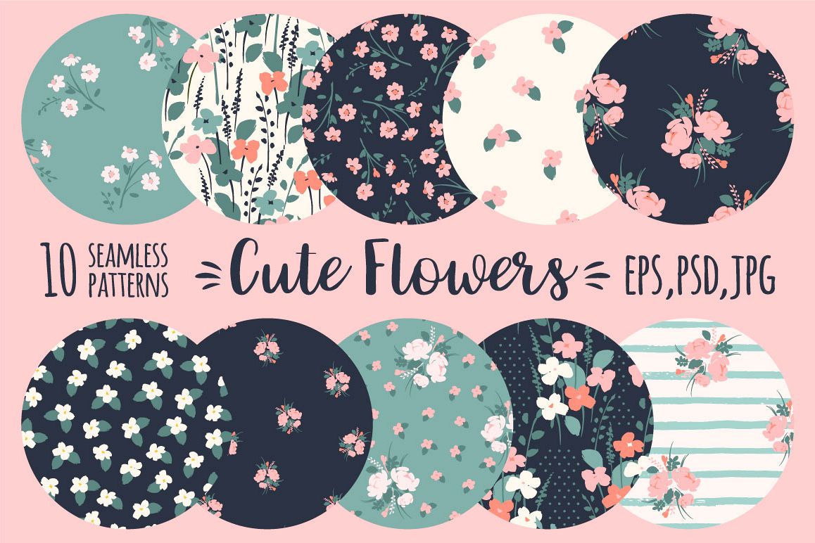 Cute flowers. 10 seamless patterns. example image 1