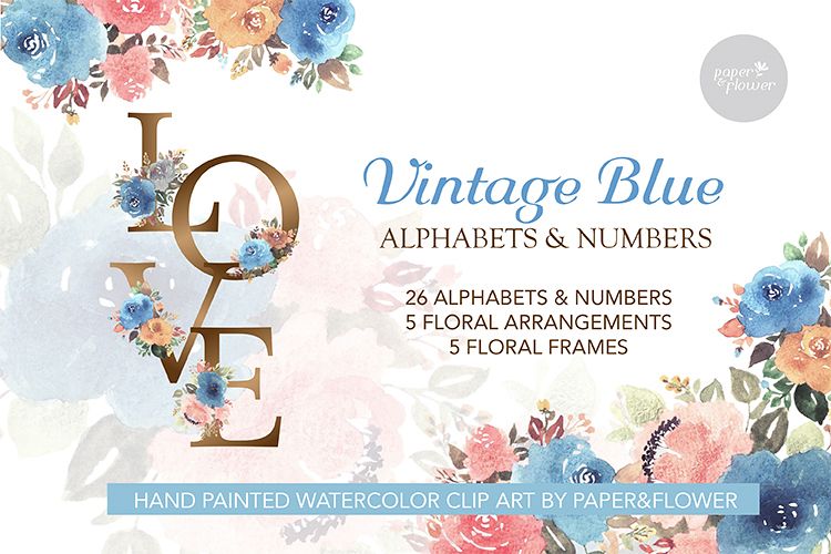 Vintage Blue Floral Watercolor Alphabet Set example image 1