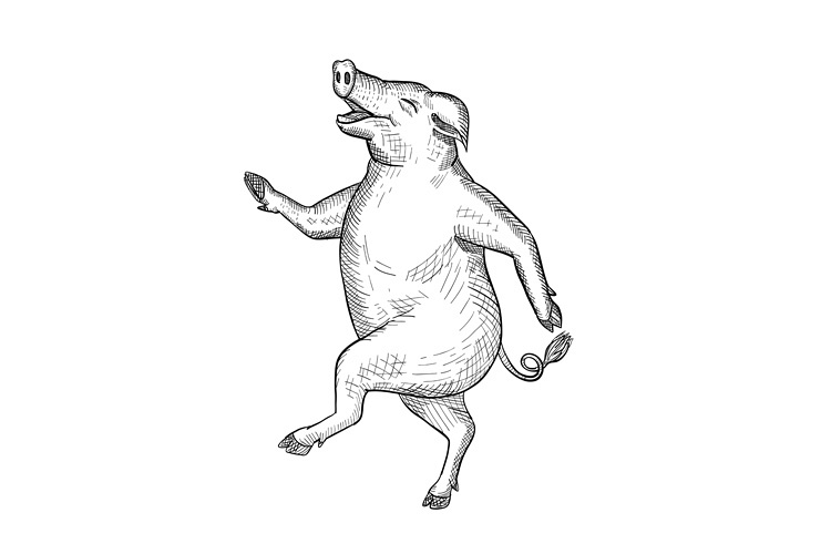 Happy Pig Dancing Drawing Retro Black and White example image 1