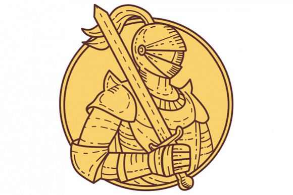 Knight Sword On Shoulder Circle Mono Line example image 1