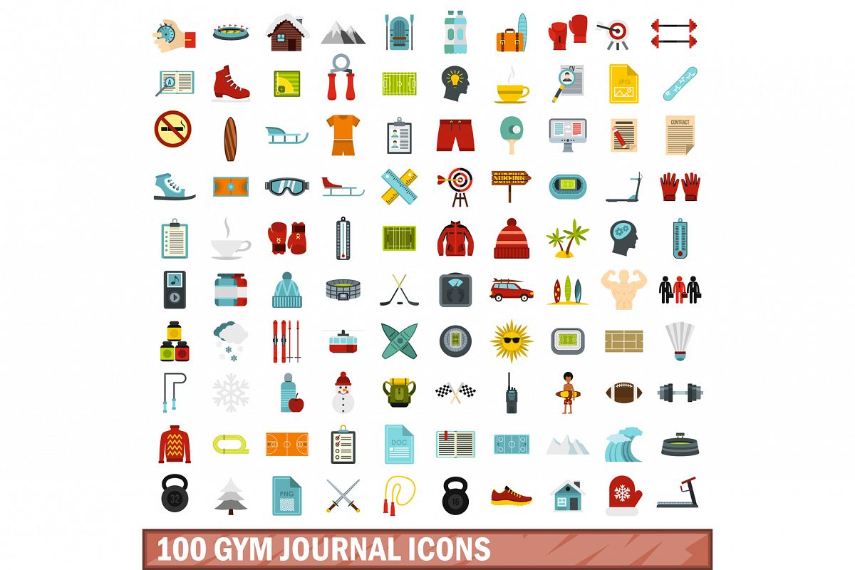 100 gym journal icons set, flat style example image 1