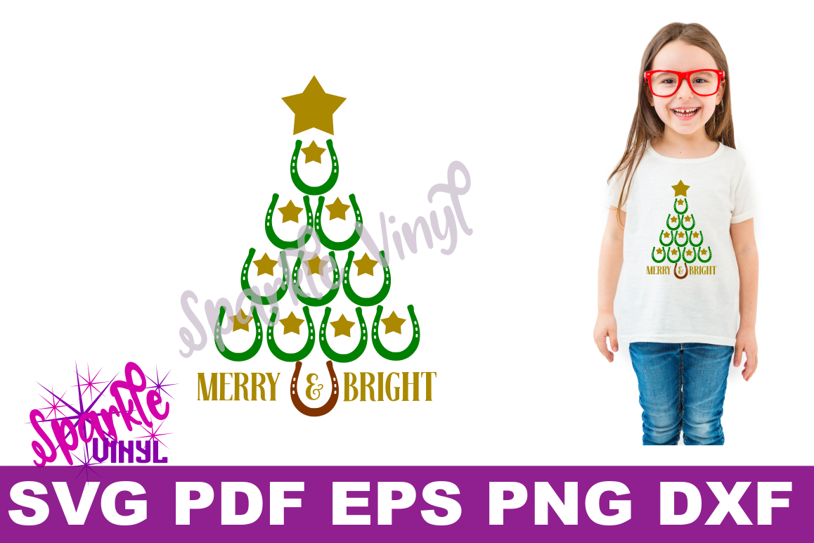 SVG Christmas Cowboy Cowgirl Christmas Horseshoe Tree Merry and Bright Stars Shirt Printable Svg files for cricut silhouette dxf png pdf eps example image 1