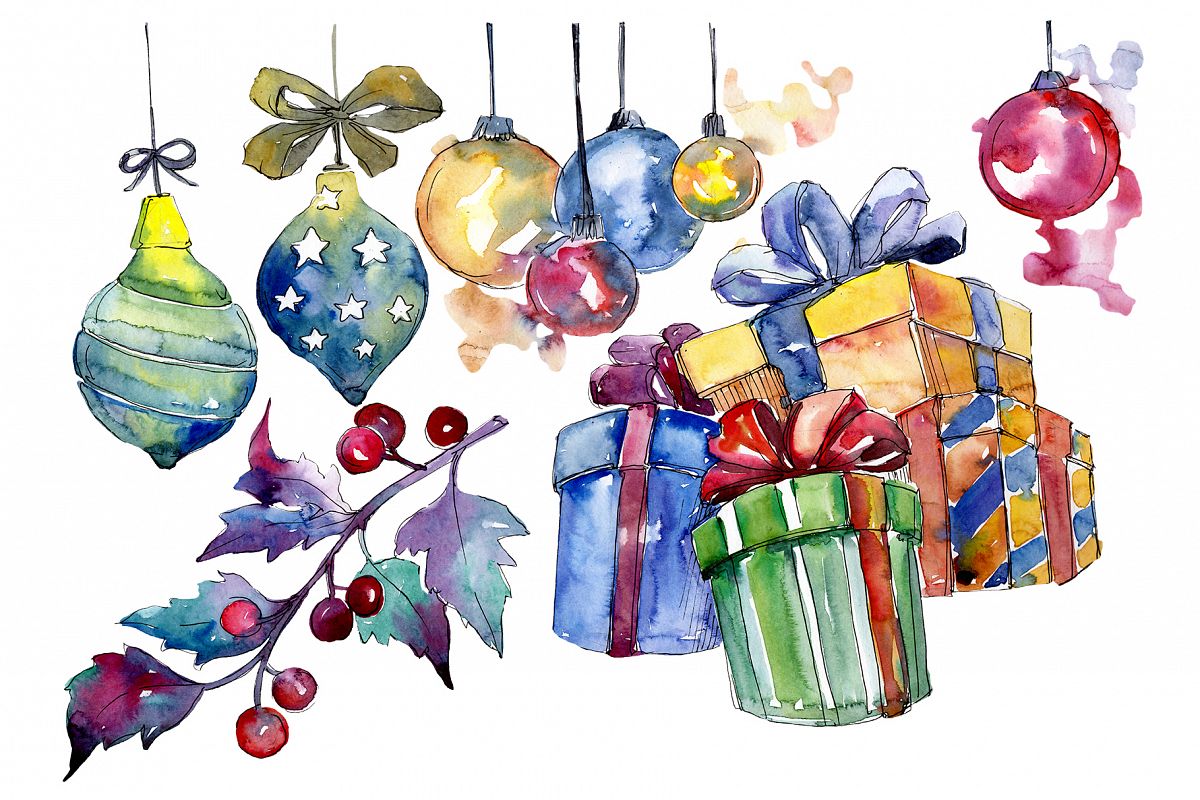 Christmas gift PNG watercolor set example image 1