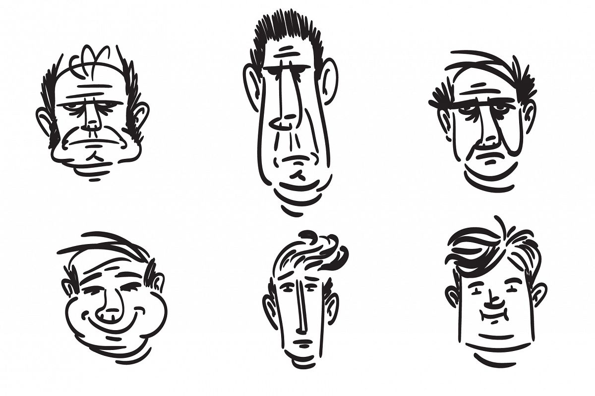 Sketch male faces. Six different types of male face. example image 1