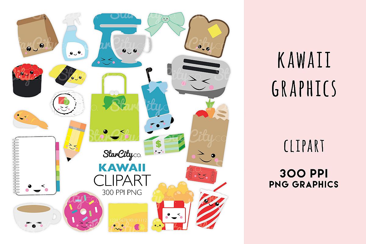 Kawaii Everyday Clipart Graphics, Sushi, popcorn, planner example image 1