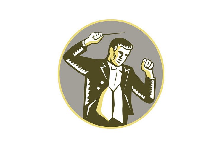 Conductor Waving Baton Circle Woodcut example image 1