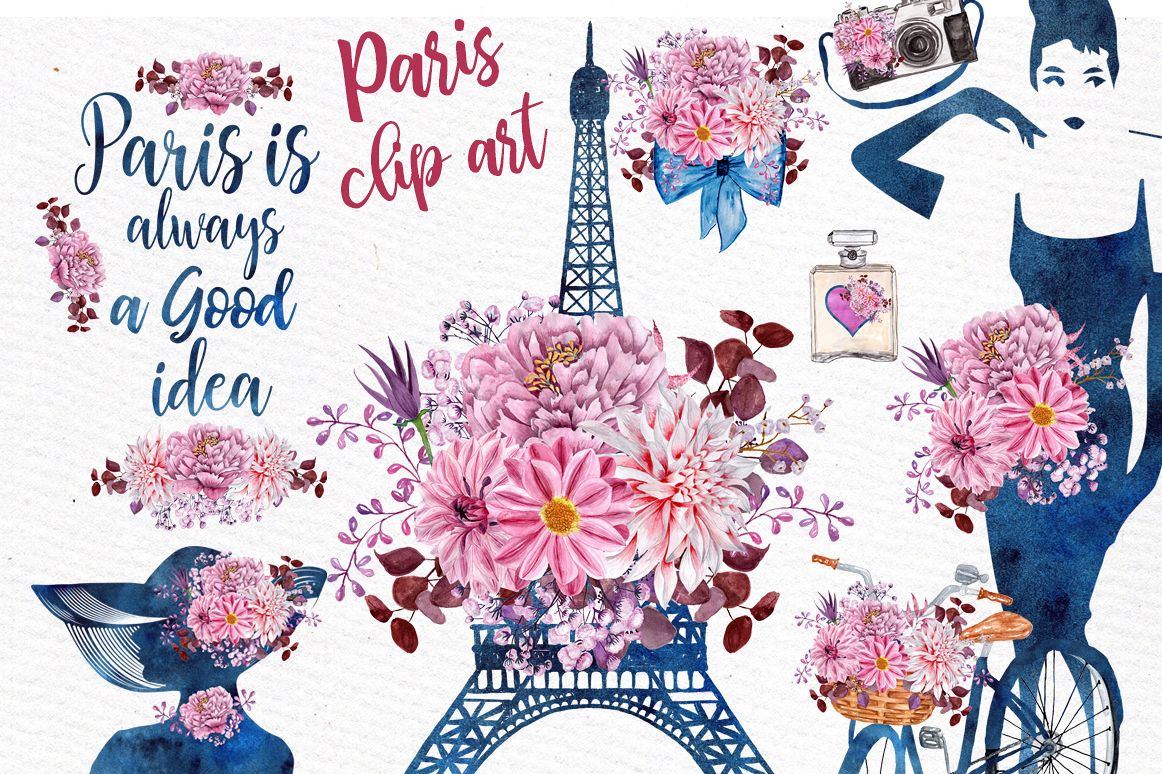 Paris Watercolor clipart WATERCOLOR FLOWERS Eiffel tower example image 1