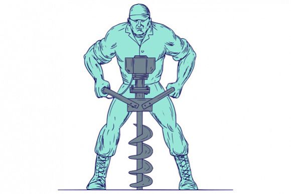 Construction Worker Earth Auger Boring Hole Drawing example image 1