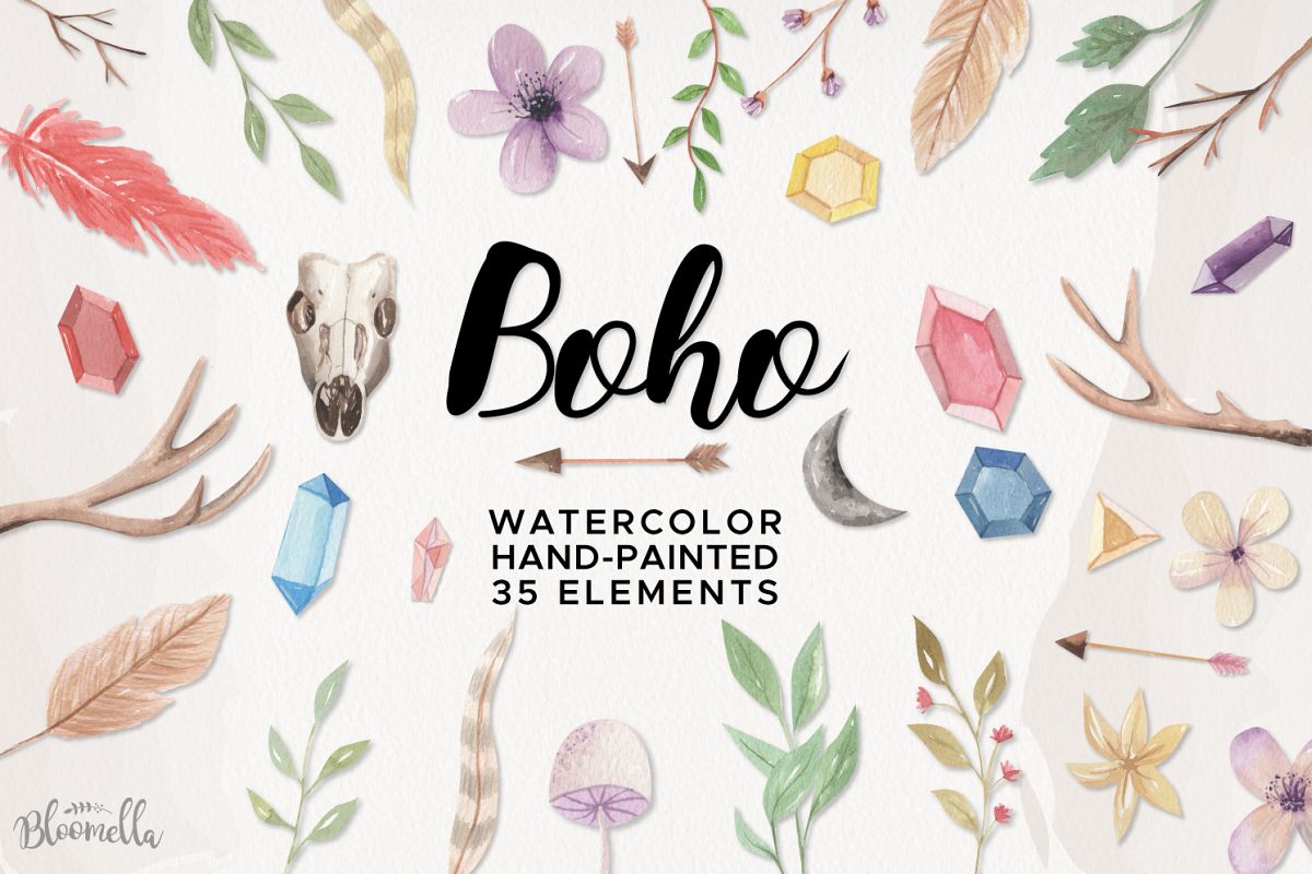 Boho Watercolor HUGE 35 set Flowers Antlers Arrows Gems Leaf example image 1