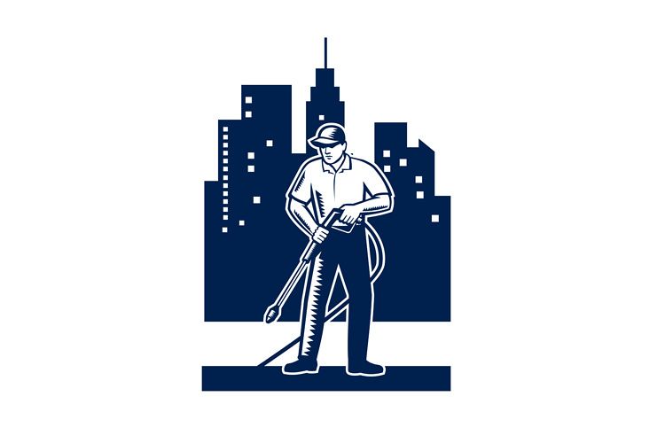 Pressure Washing Buildings Woodcut Retro example image 1