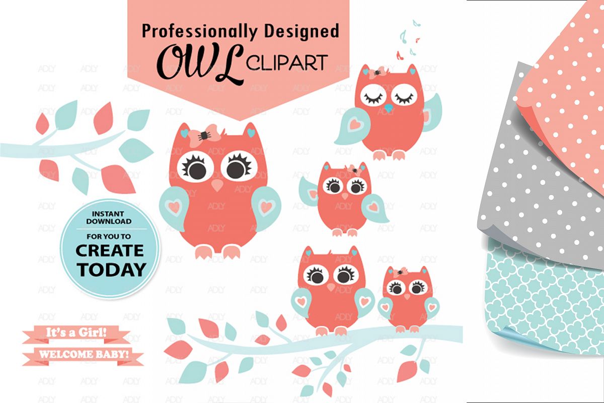 Girl Owl,Baby Peach Turquoise,ClipArt,Digital Print,birthday example image 1