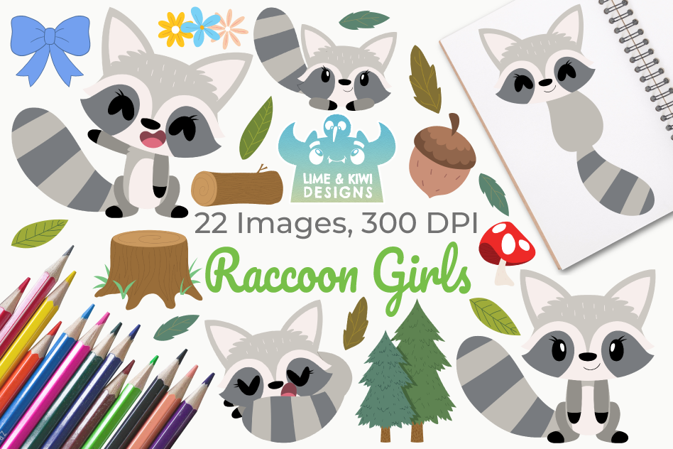 Raccoon Girls Clipart, Instant Download Vector Art example image 1