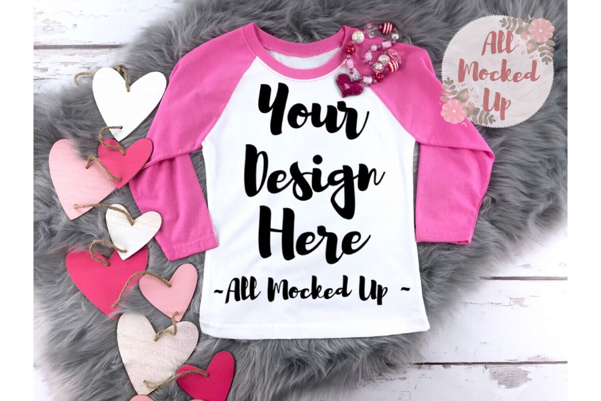 Next Level 3352 Youth Raglan Mock Up - HOT Pink Sleeves example image 1
