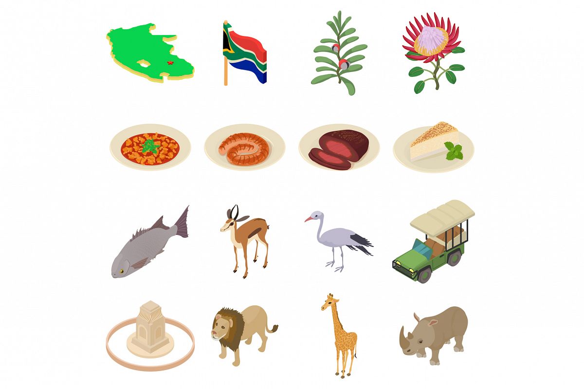 South Africa travel icons set, isometric style example image 1