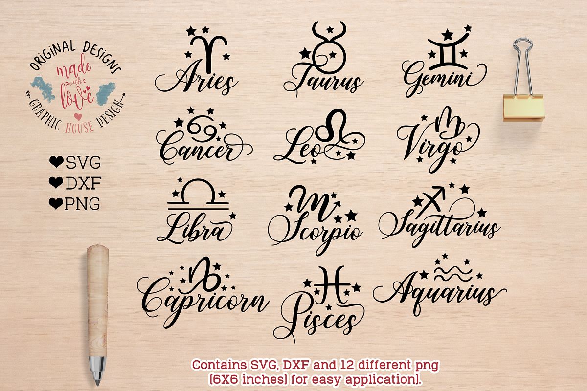 Zodiac Signs Cut Files and Clipart (SVG, DXF, PNG) example image 1