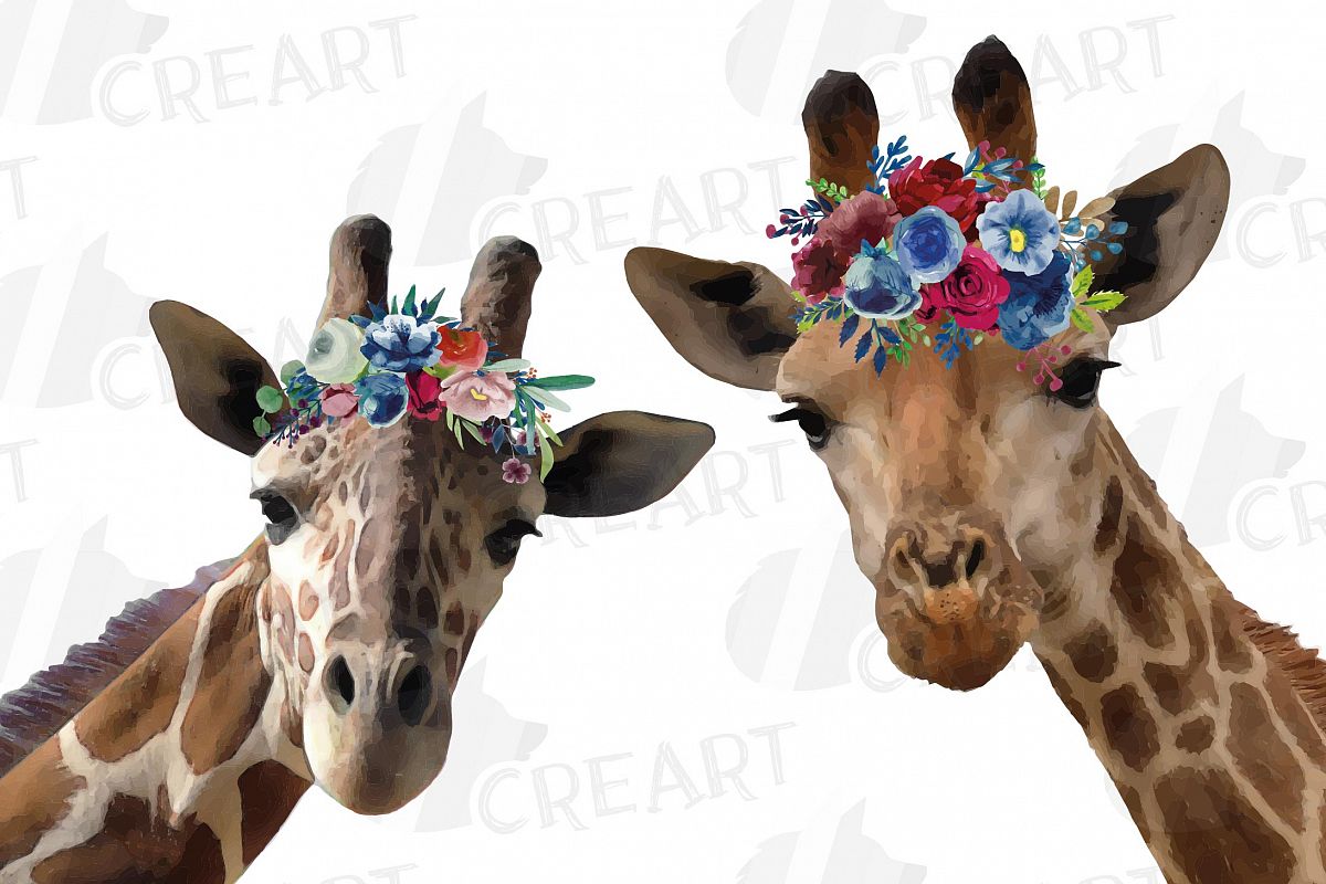 Floral crown giraffe animal wall art. Watercolour giraffe. example image 1