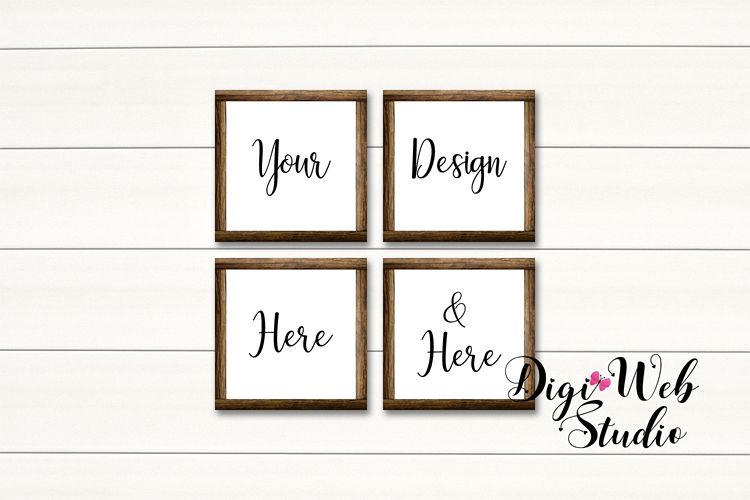 4 Wood Signs Mockup - Set of 4 Wood Frames on White Shiplap example image 1